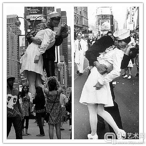 “胜利之吻”雕塑(左)胜利之吻 Alfred Eisenstaedt摄（右）