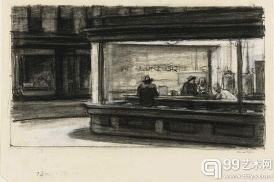 爱德华·霍普，《夜鹰》（Study for Nighthawks），1941/1942